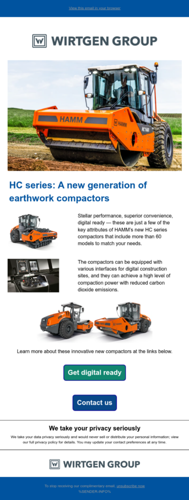 An email example showcasing HAMM's HC series of earthwork compactors