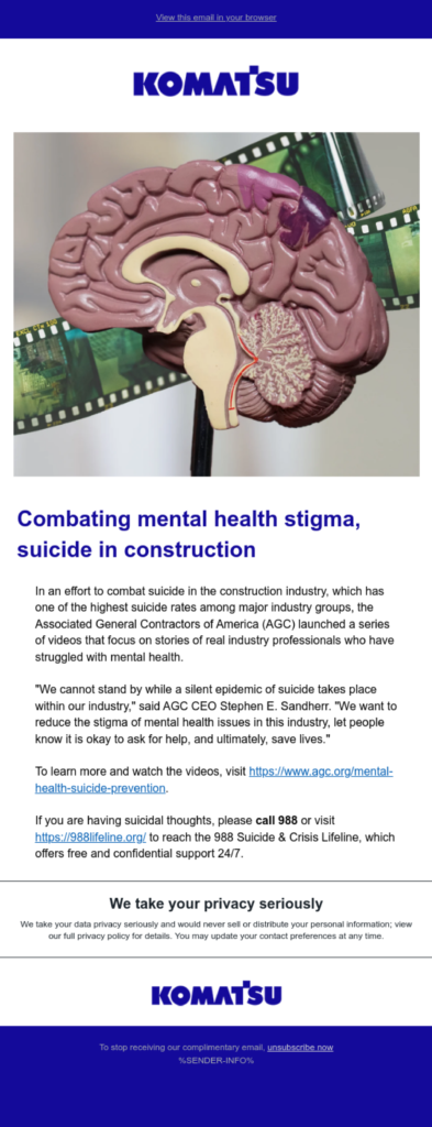An email example informing customers on mental health stigma in construction