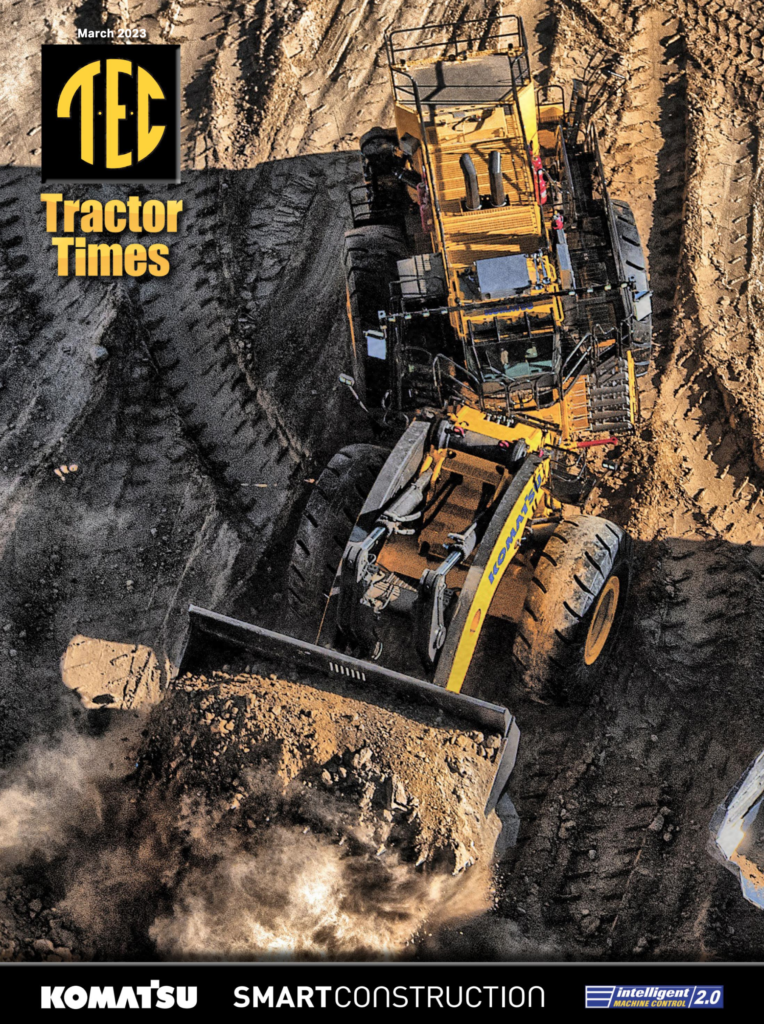 The front cover of a TEC Tractor Times magazine featuring a Komatsu wheel loader